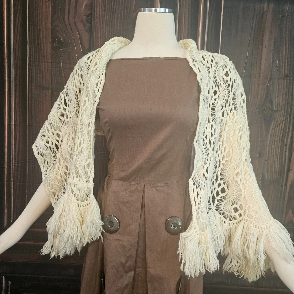 Vintage 1970s Crochet Fringe Shawl Wrap Cream Ivory Boho Handmade Lace Scarf